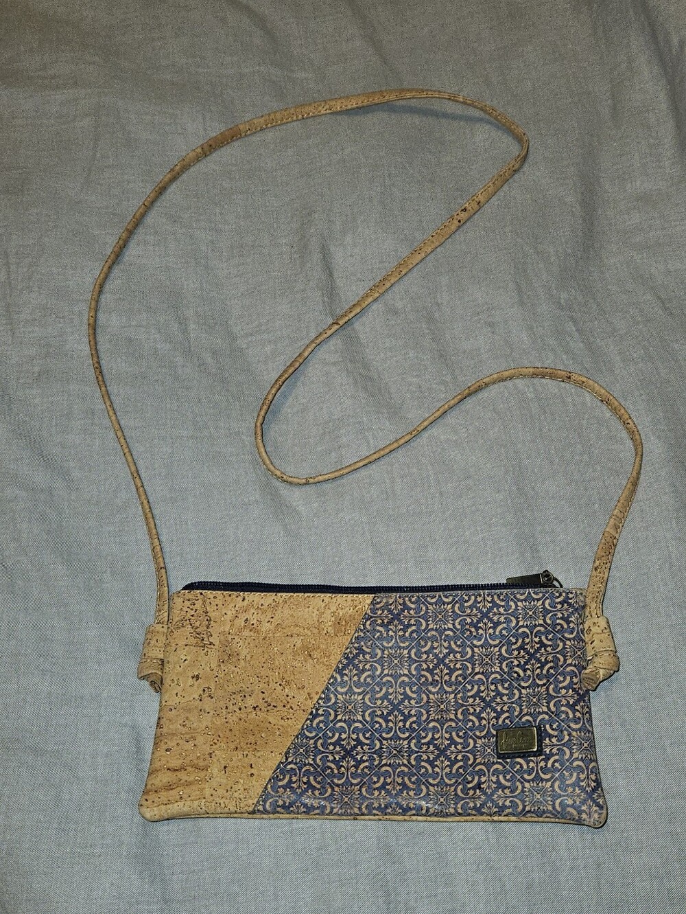 Blue Patterned and Natural Cork Crossbody Bag